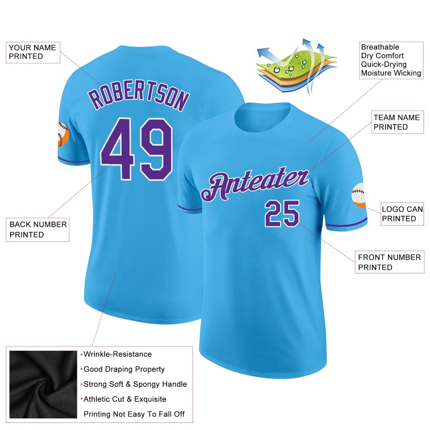 Custom Sky Blue Purple-White Performance T-Shirt view 2