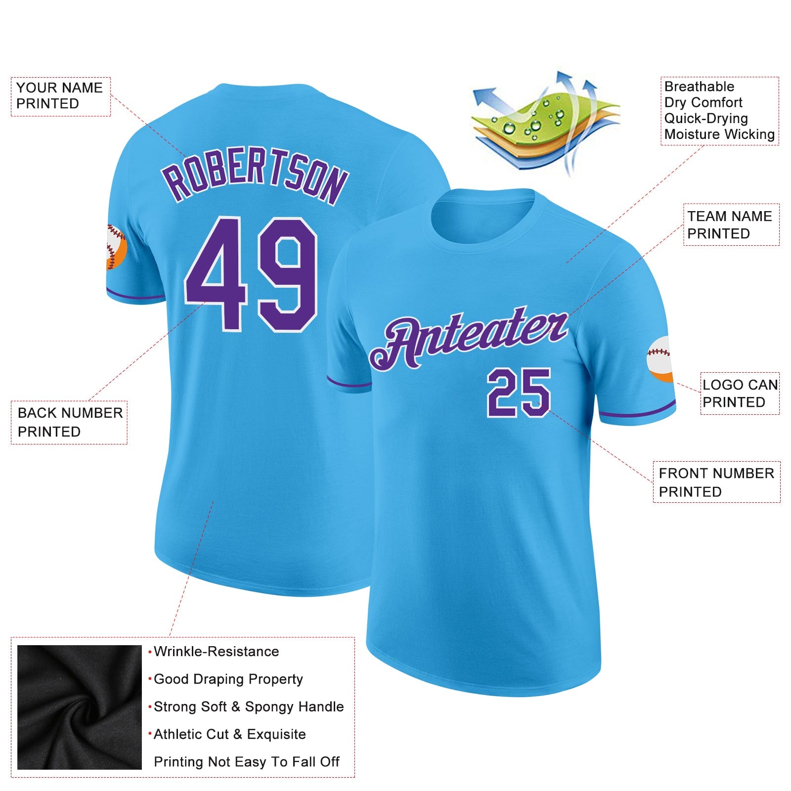 Custom Sky Blue Purple-White Performance T-Shirt view 2