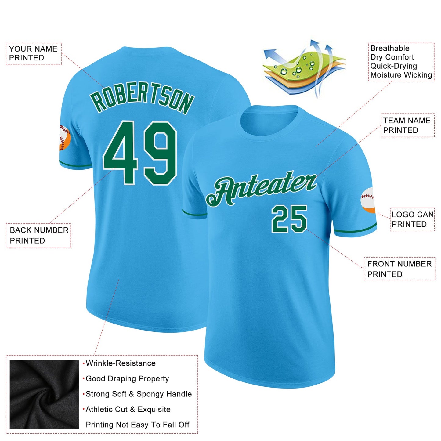 Custom Sky Blue Kelly Green-White Performance T-Shirt view 2