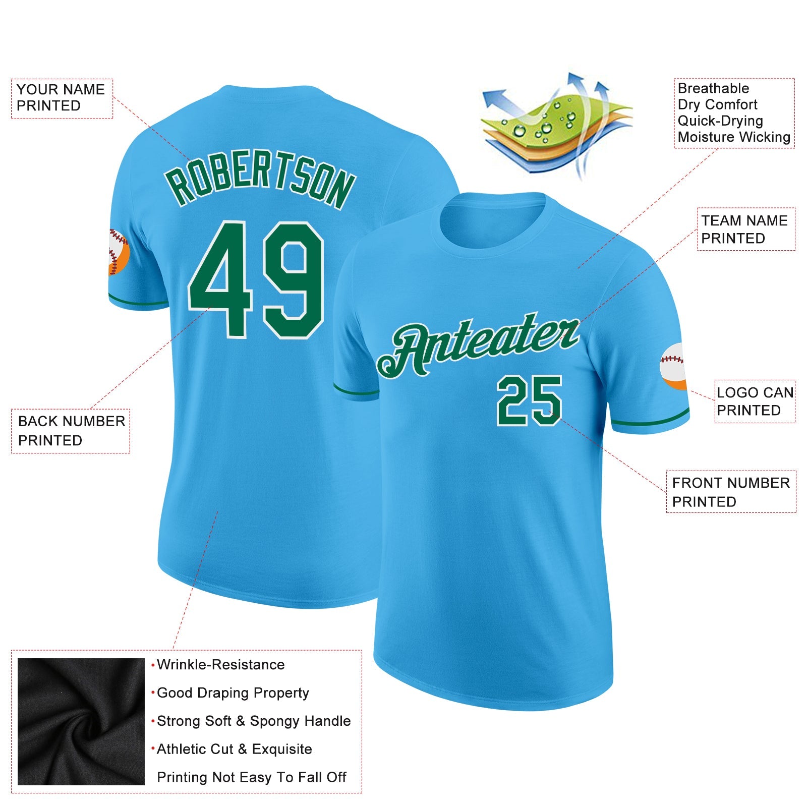 Custom Sky Blue Kelly Green-White Performance T-Shirt view 2