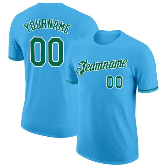 Custom Sky Blue Kelly Green-White Performance T-Shirt - Main View