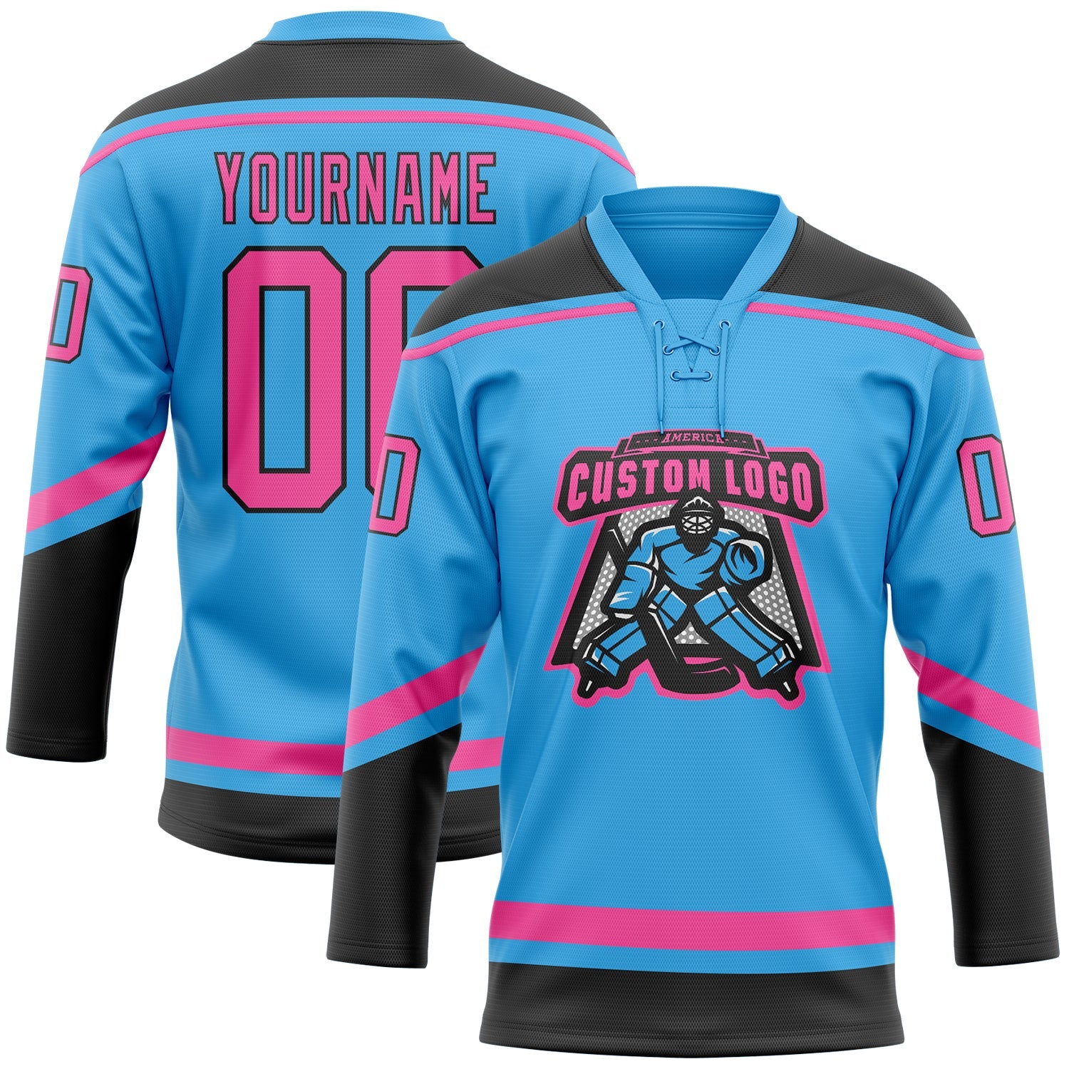 Custom Sky Blue Pink-Black Hockey Lace Neck Jersey view 2