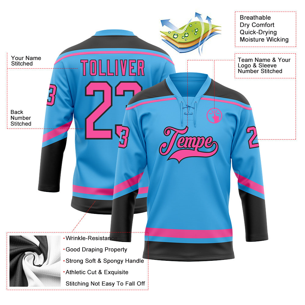 Custom Sky Blue Pink-Black Hockey Lace Neck Jersey view 3