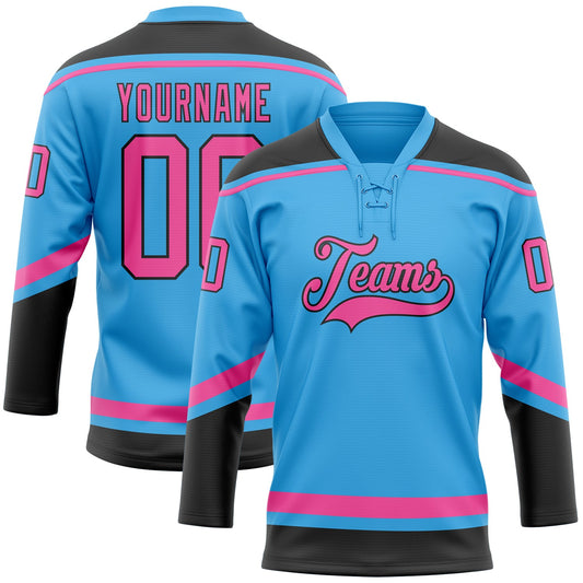 Custom Sky Blue Pink-Black Hockey Lace Neck Jersey - Main View