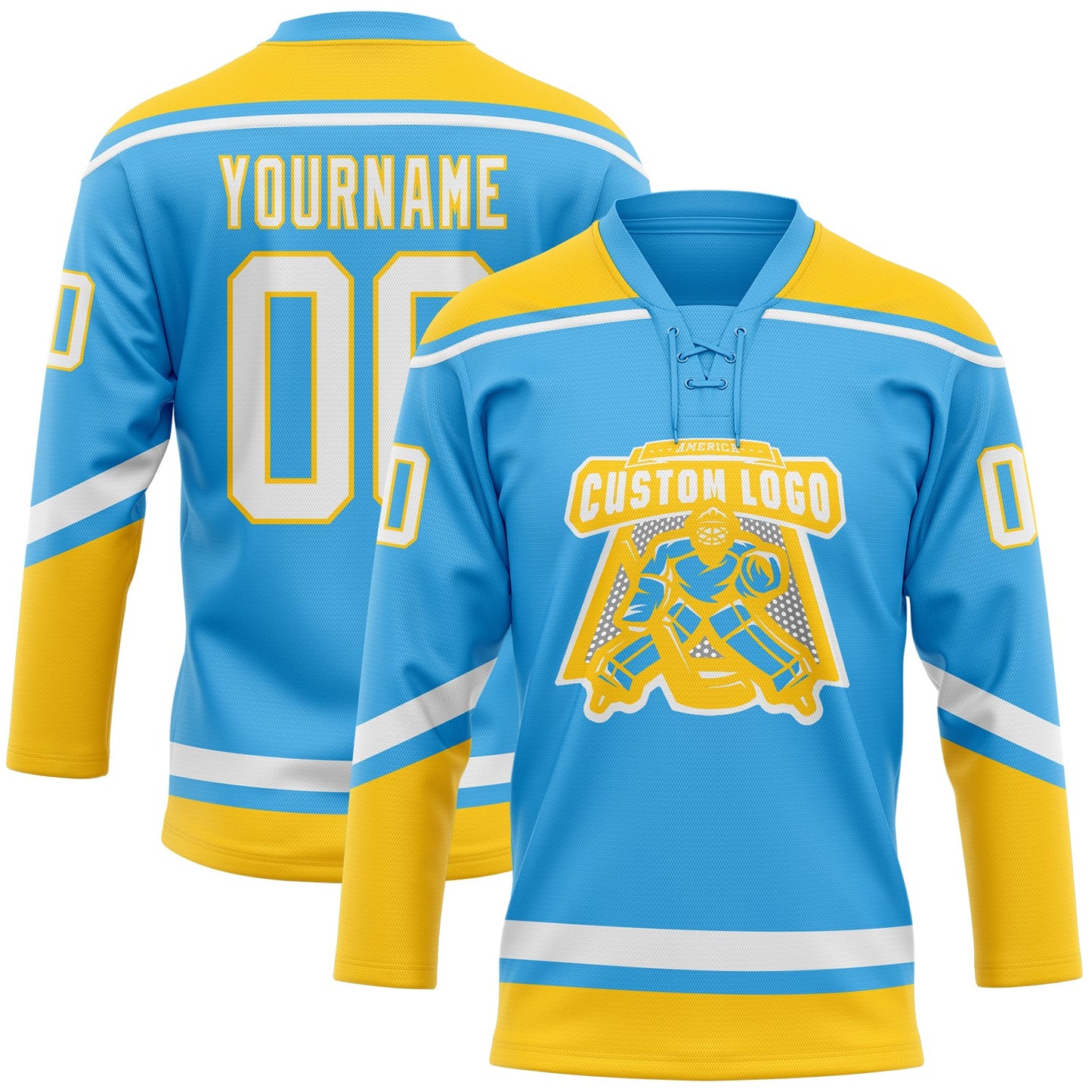 Custom Sky Blue White-Yellow Hockey Lace Neck Jersey view 2