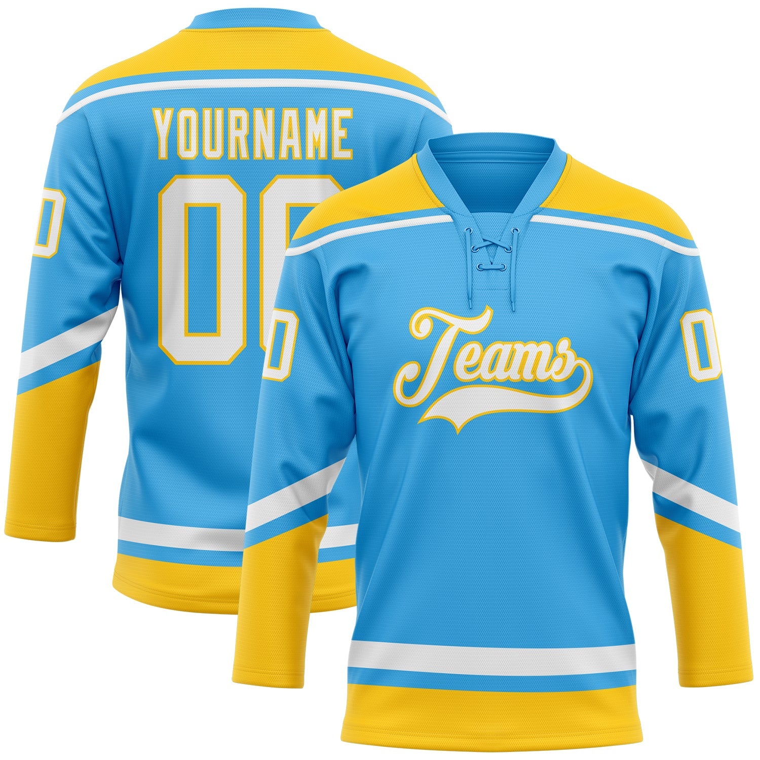 Custom Sky Blue White-Yellow Hockey Lace Neck Jersey - Main View