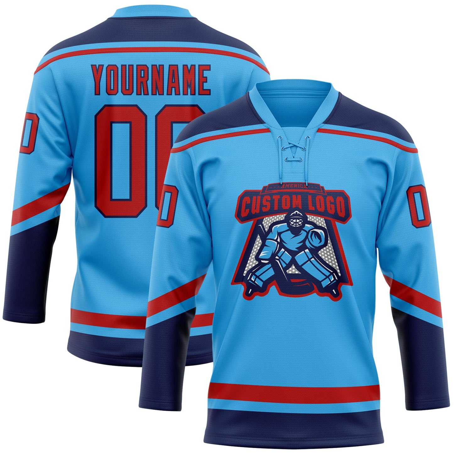 Custom Sky Blue Red-Navy Hockey Lace Neck Jersey view 2