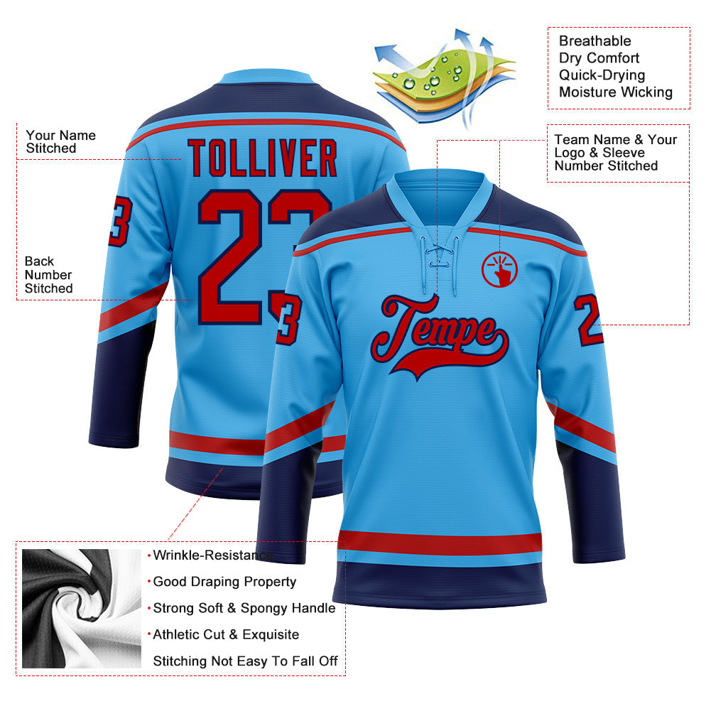 Custom Sky Blue Red-Navy Hockey Lace Neck Jersey view 3