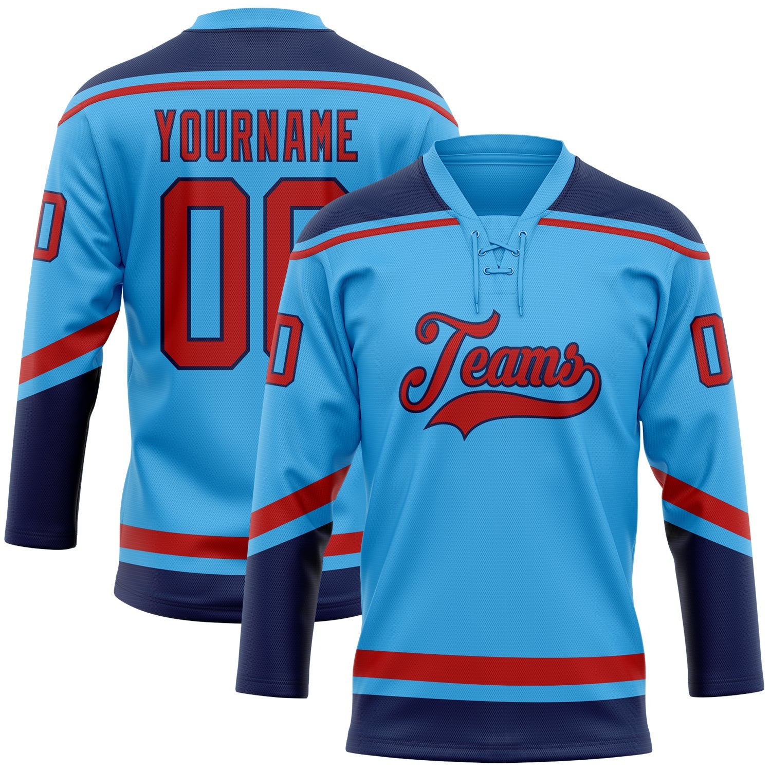 Custom Sky Blue Red-Navy Hockey Lace Neck Jersey - Main View