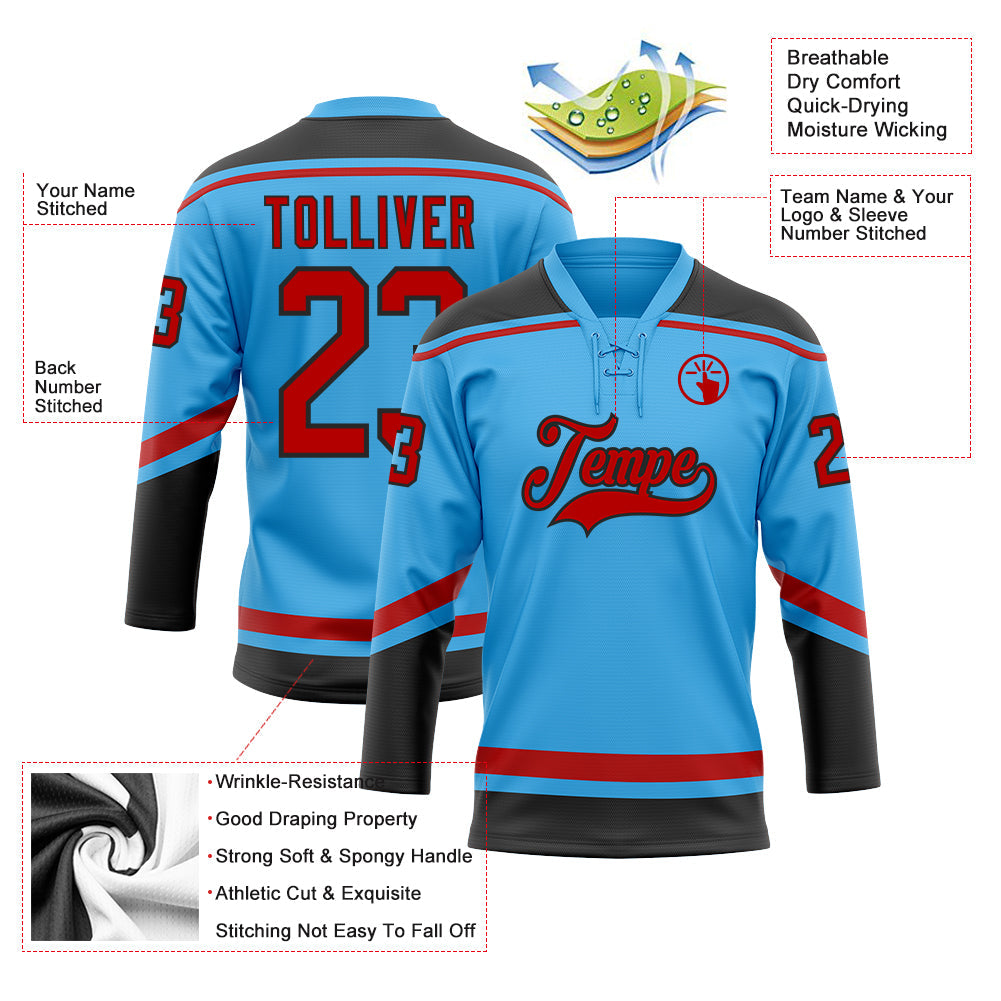 Custom Sky Blue Red-Black Hockey Lace Neck Jersey view 3