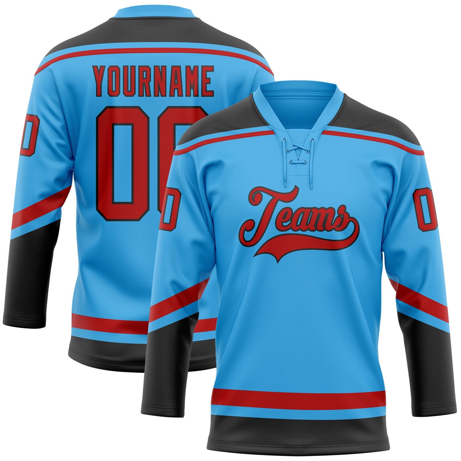 Custom Sky Blue Red-Black Hockey Lace Neck Jersey - Main View