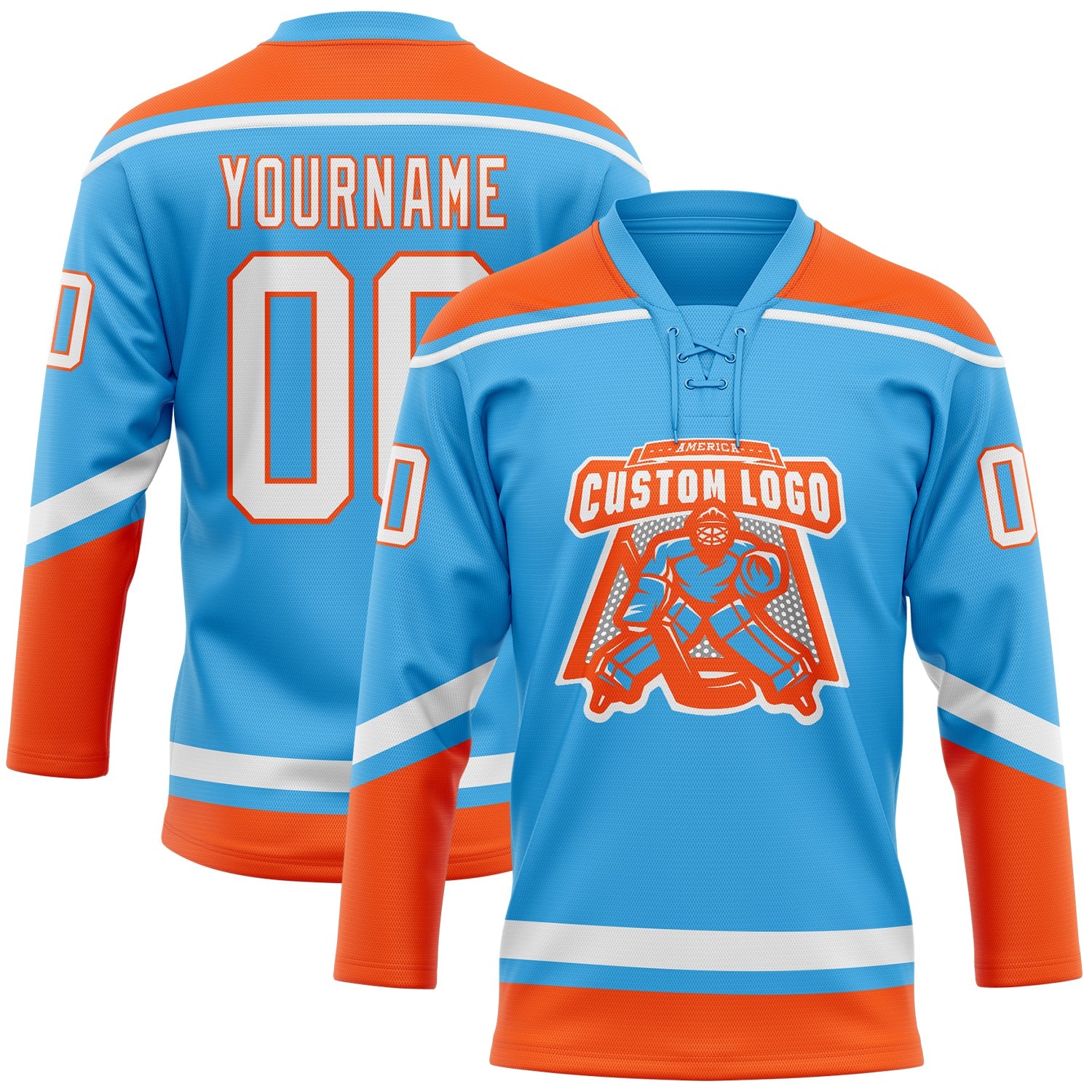 Custom Sky Blue White-Orange Hockey Lace Neck Jersey view 2