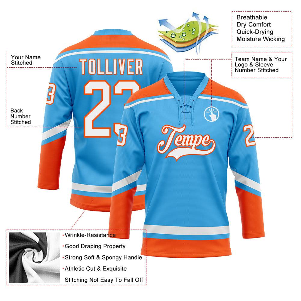 Custom Sky Blue White-Orange Hockey Lace Neck Jersey view 3