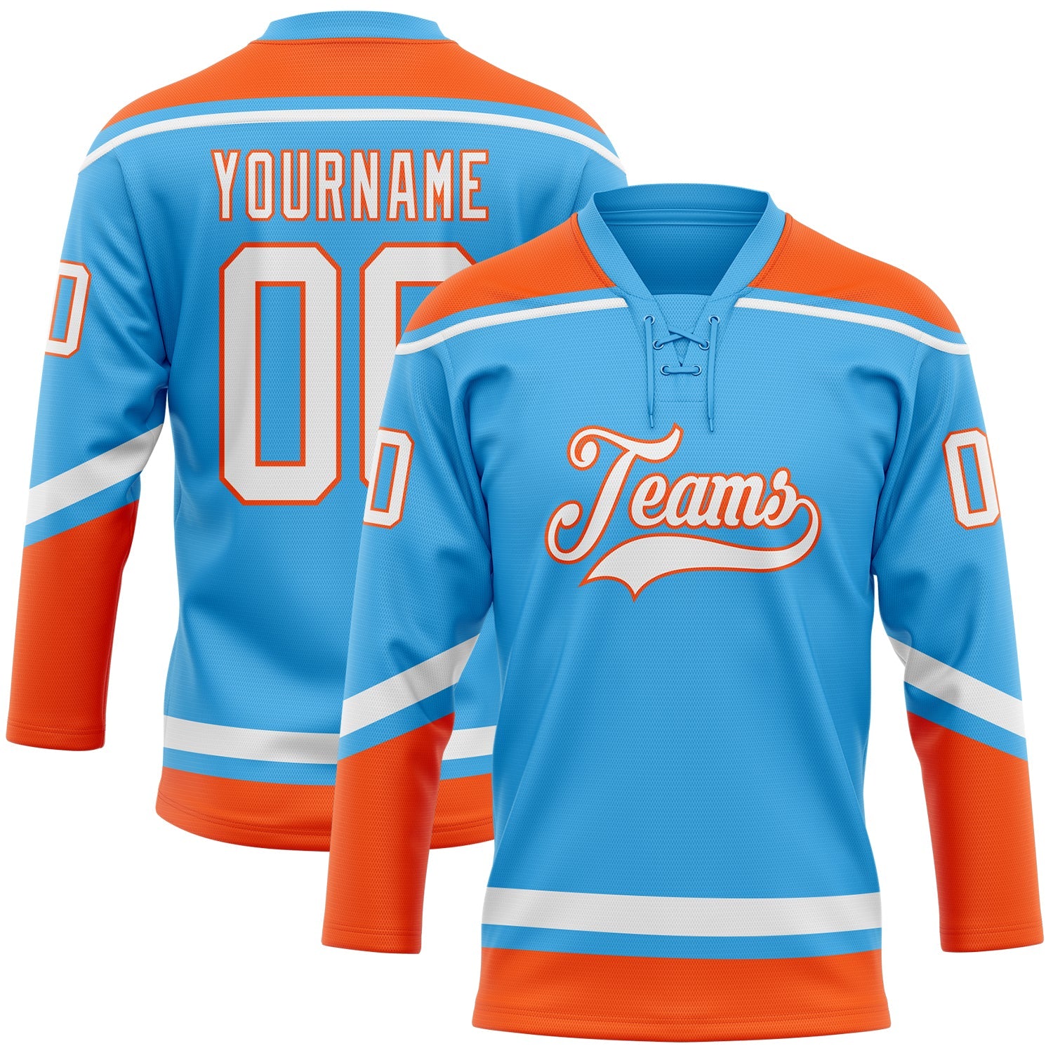 Custom Sky Blue White-Orange Hockey Lace Neck Jersey - Main View