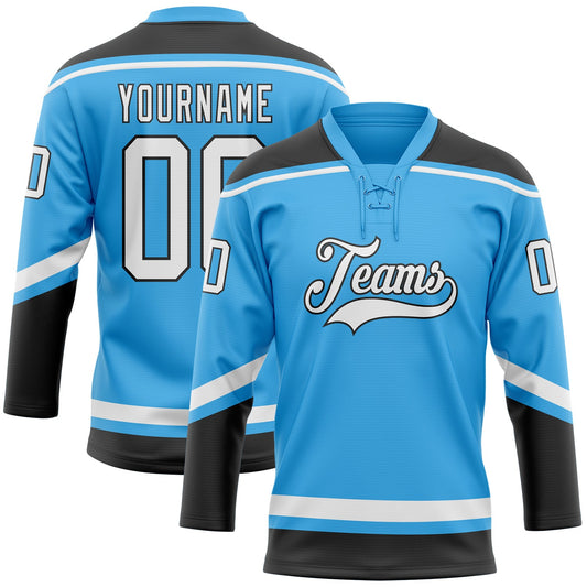 Custom Sky Blue White-Black Hockey Lace Neck Jersey - Main View