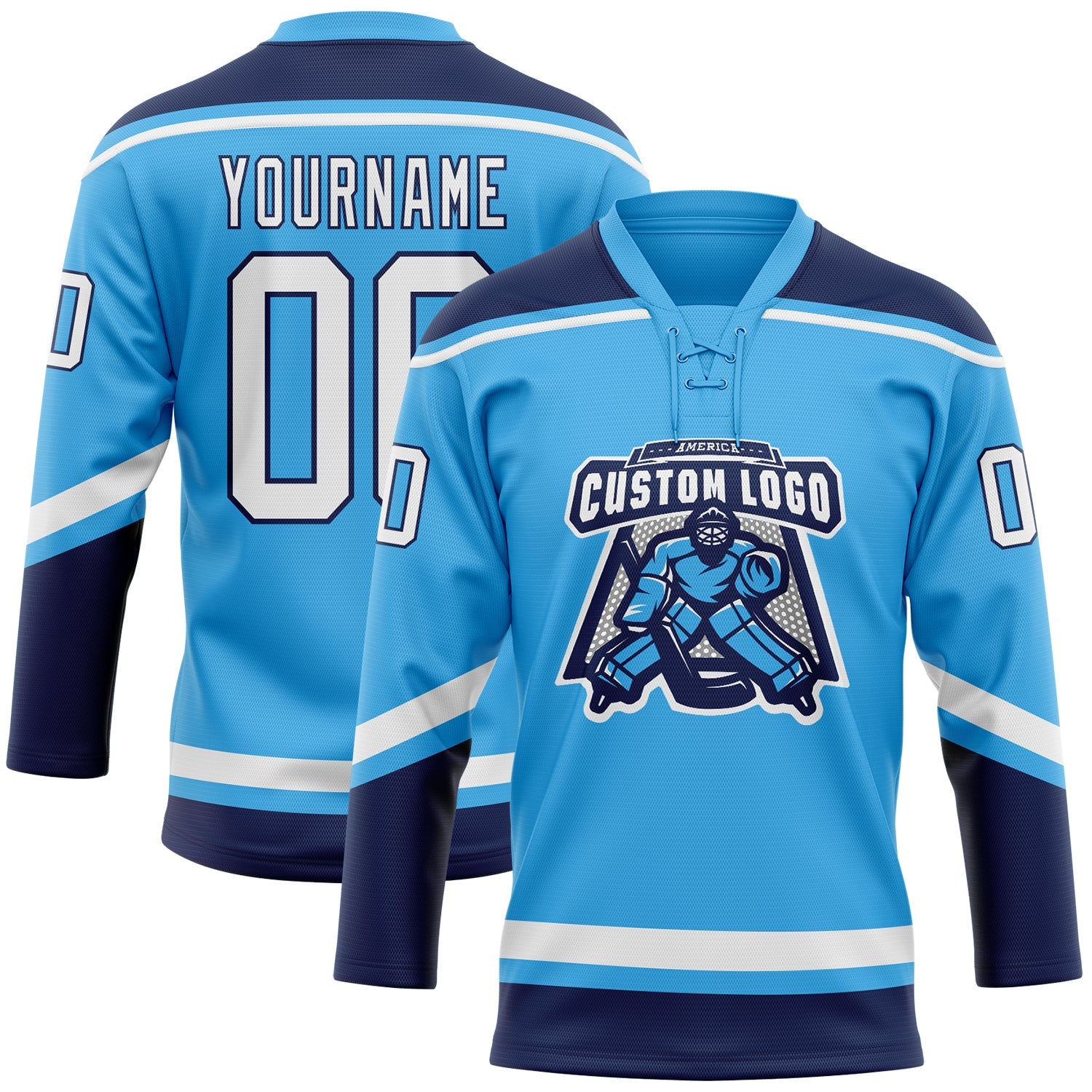 Custom Sky Blue White-Navy Hockey Lace Neck Jersey view 2