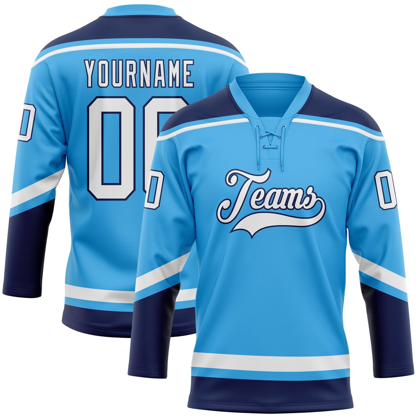 Custom Sky Blue White-Navy Hockey Lace Neck Jersey - Main View