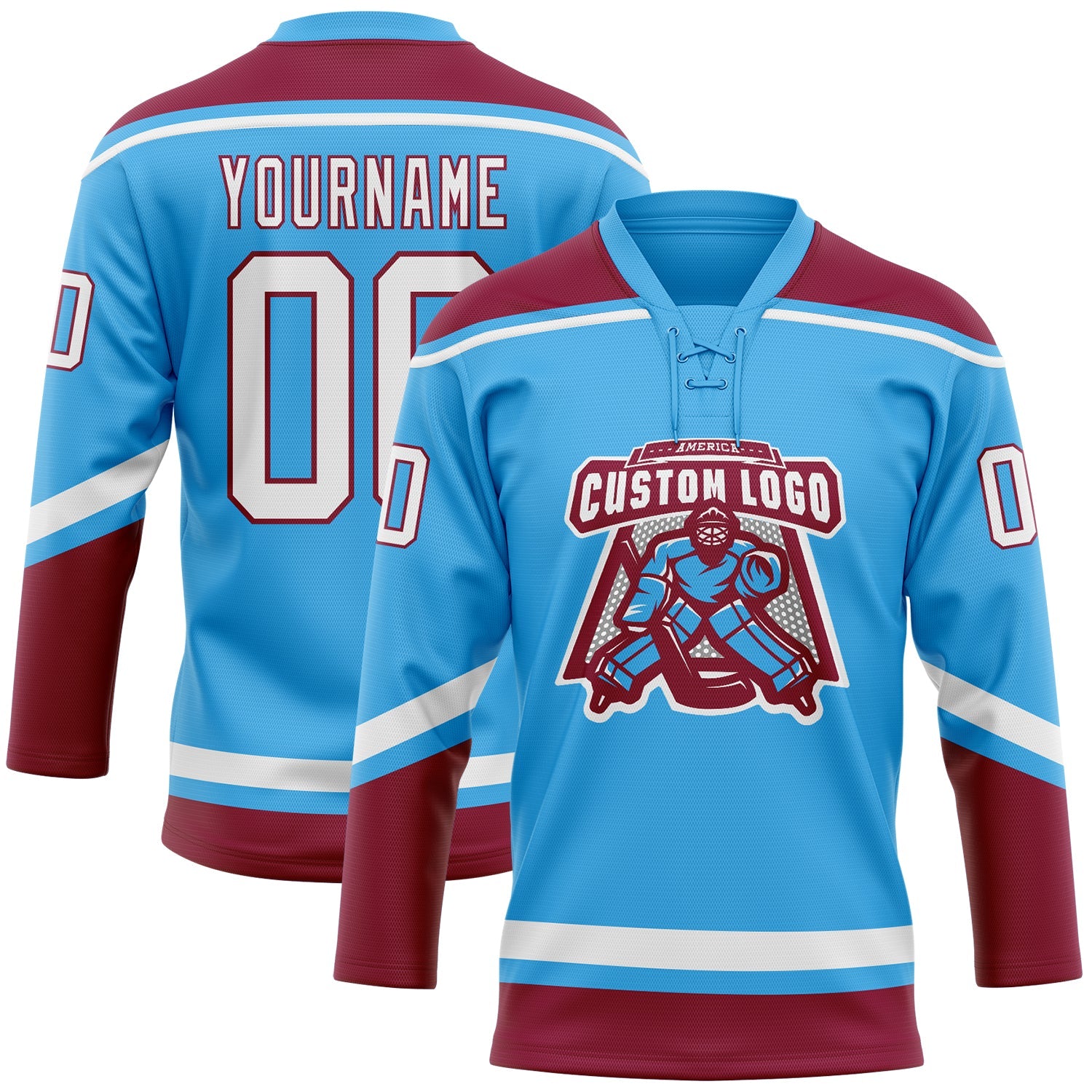 Custom Sky Blue White-Maroon Hockey Lace Neck Jersey view 2