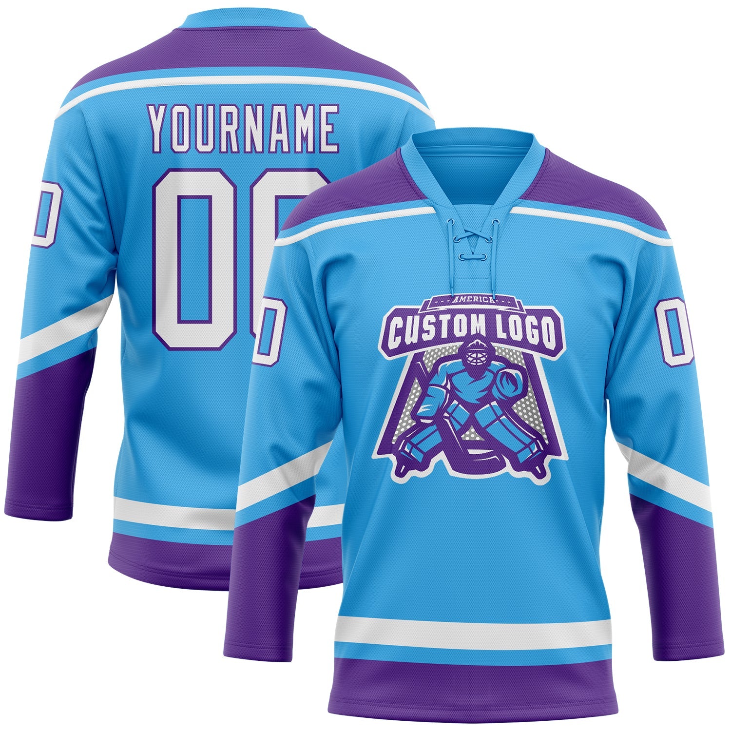 Custom Sky Blue White-Purple Hockey Lace Neck Jersey view 2