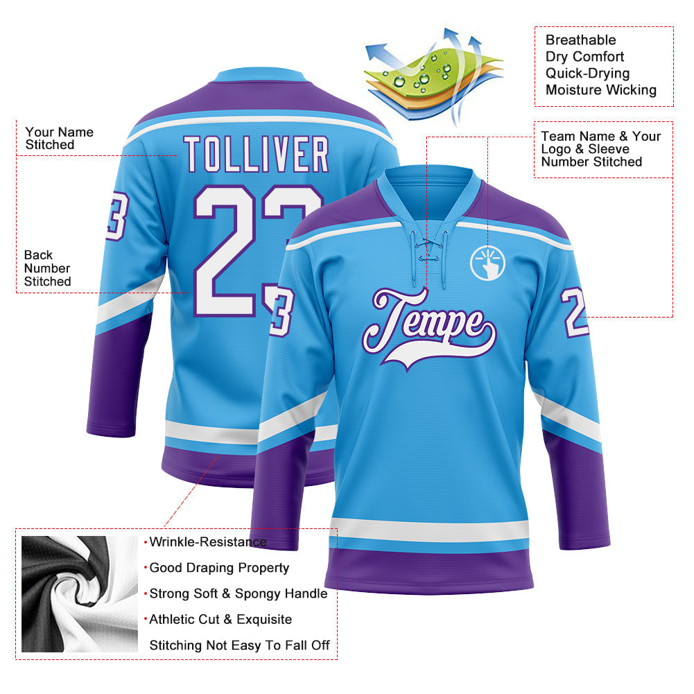Custom Sky Blue White-Purple Hockey Lace Neck Jersey view 3
