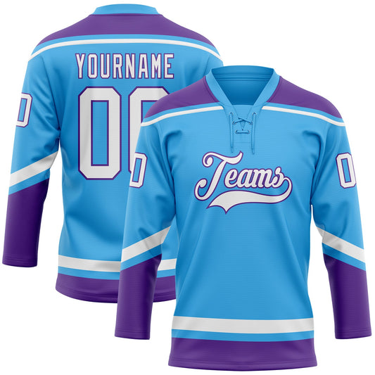 Custom Sky Blue White-Purple Hockey Lace Neck Jersey - Main View