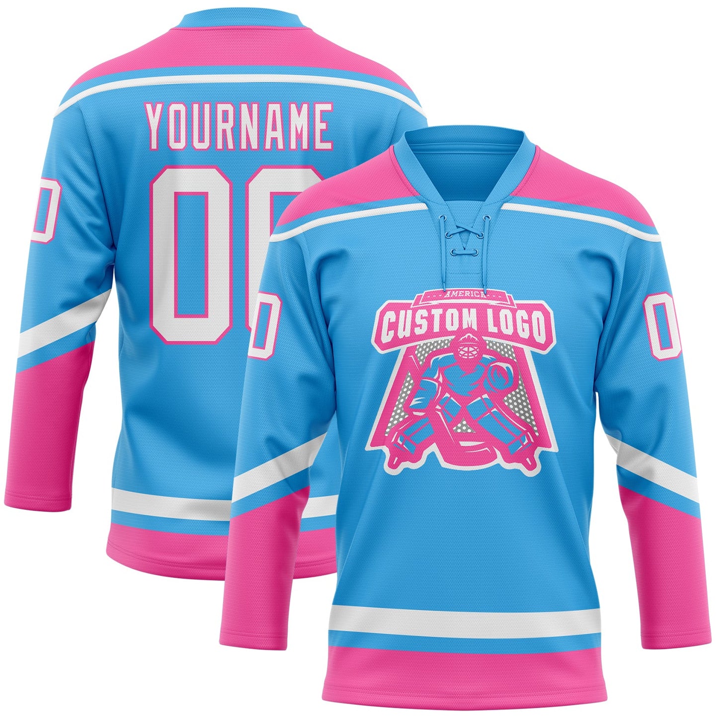 Custom Sky Blue White-Pink Hockey Lace Neck Jersey view 3