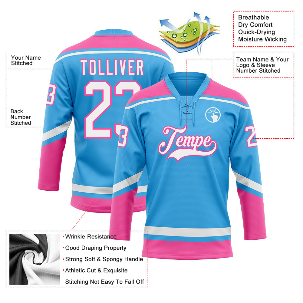 Custom Sky Blue White-Pink Hockey Lace Neck Jersey view 4