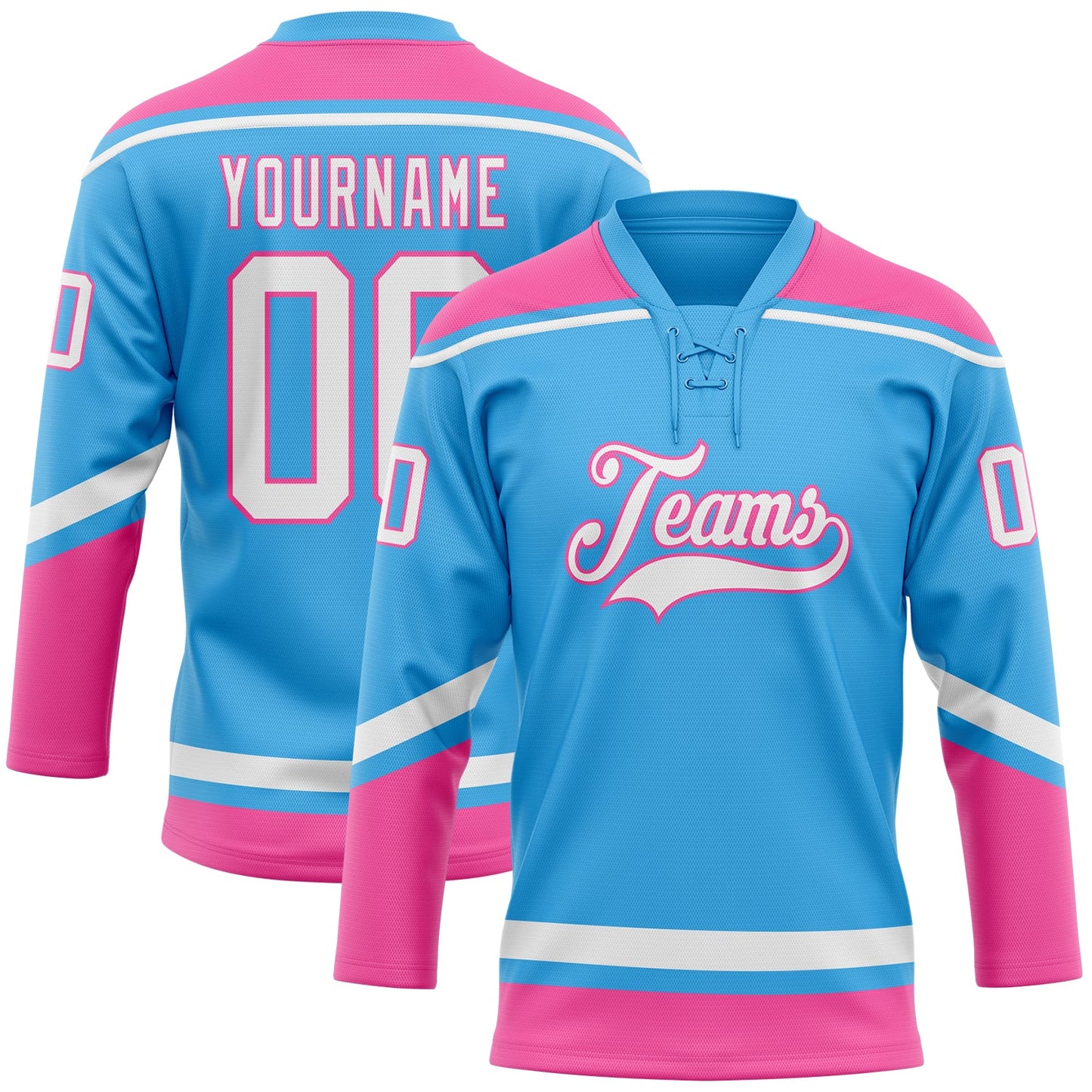 Custom Sky Blue White-Pink Hockey Lace Neck Jersey - Main View