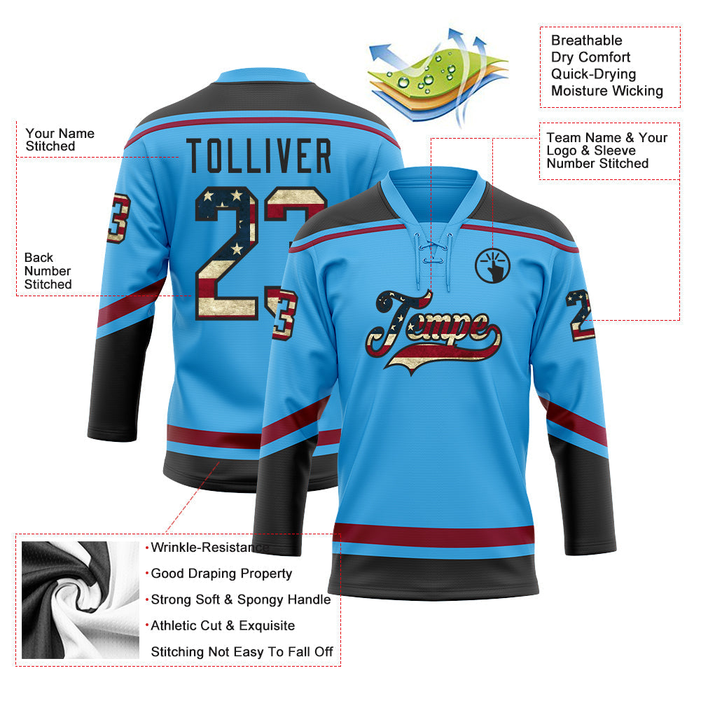 Custom Sky Blue Vintage USA Flag Black-Maroon Hockey Lace Neck Jersey view 3
