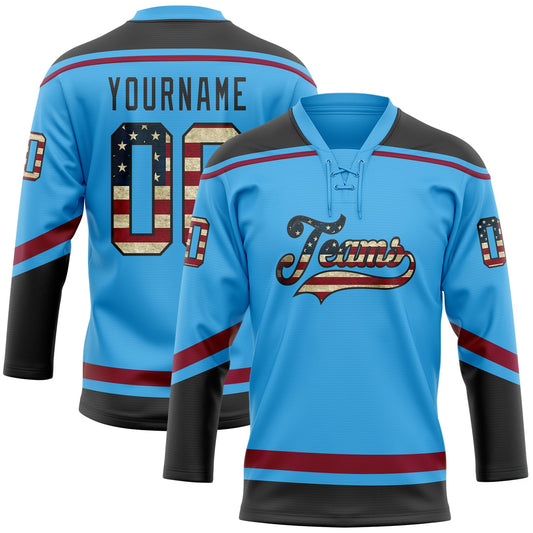 Custom Sky Blue Vintage USA Flag Black-Maroon Hockey Lace Neck Jersey - Main View