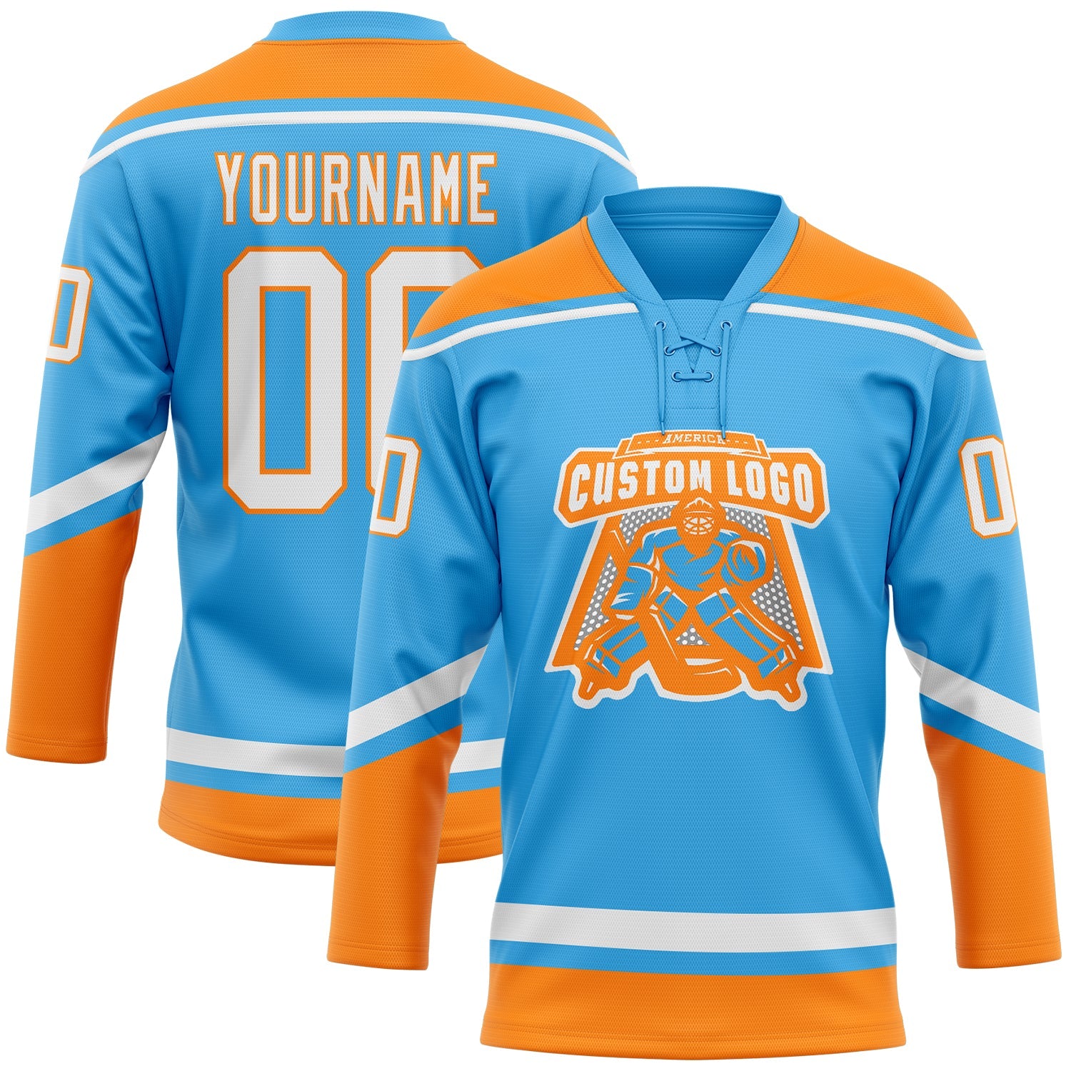Custom Sky Blue White-Bay Orange Hockey Lace Neck Jersey view 2