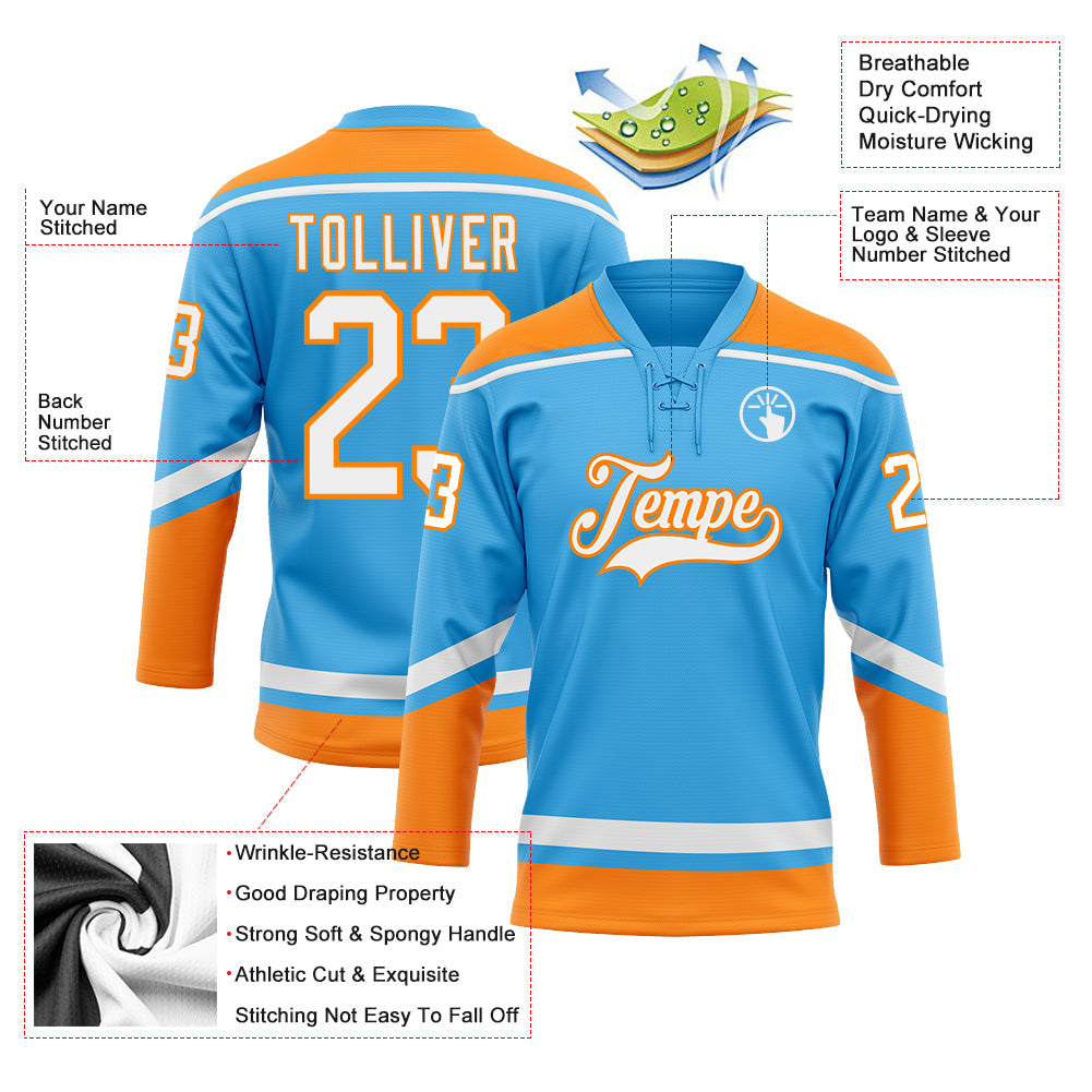 Custom Sky Blue White-Bay Orange Hockey Lace Neck Jersey view 3