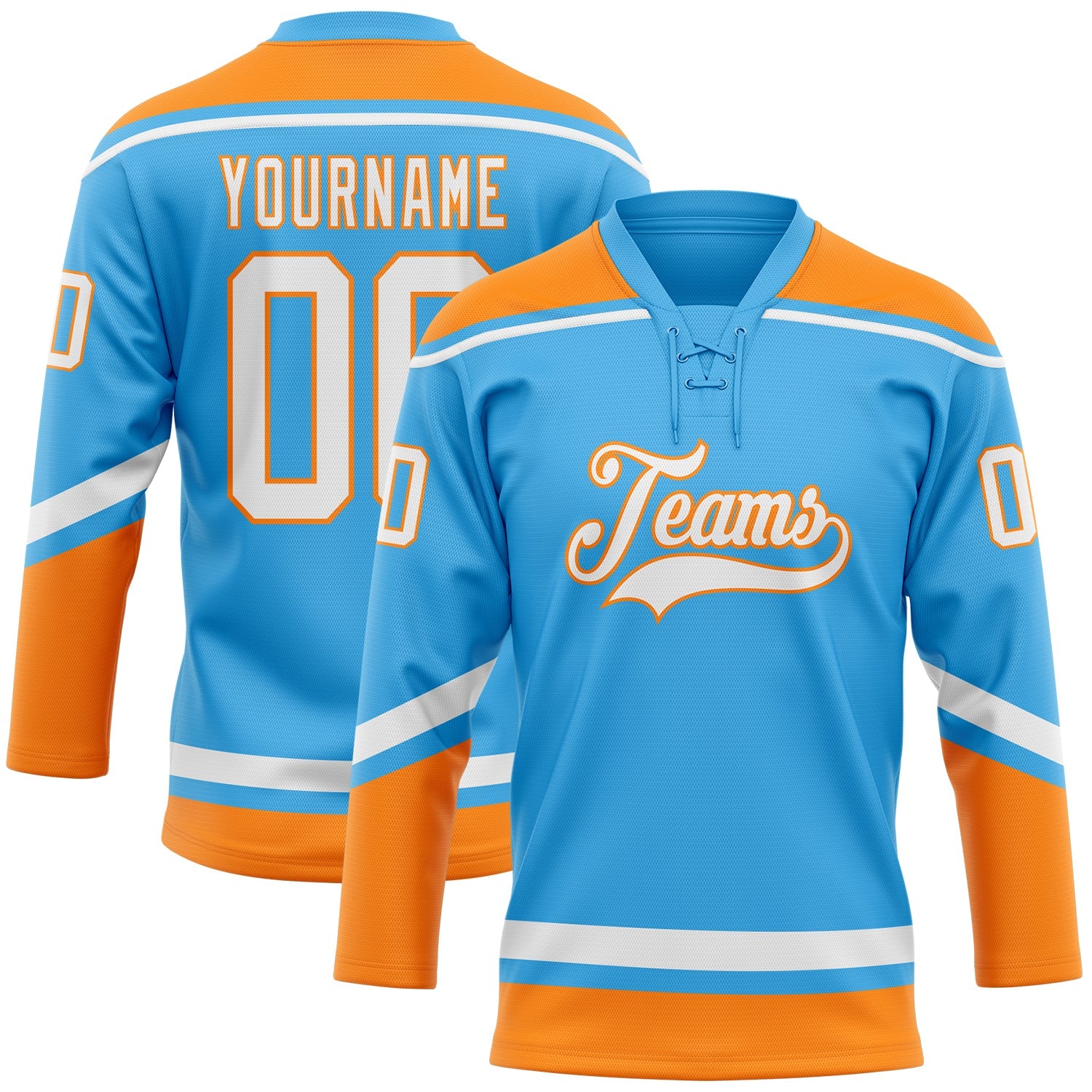Custom Sky Blue White-Bay Orange Hockey Lace Neck Jersey - Main View