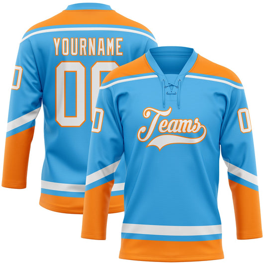Custom Sky Blue White-Bay Orange Hockey Lace Neck Jersey - Main View