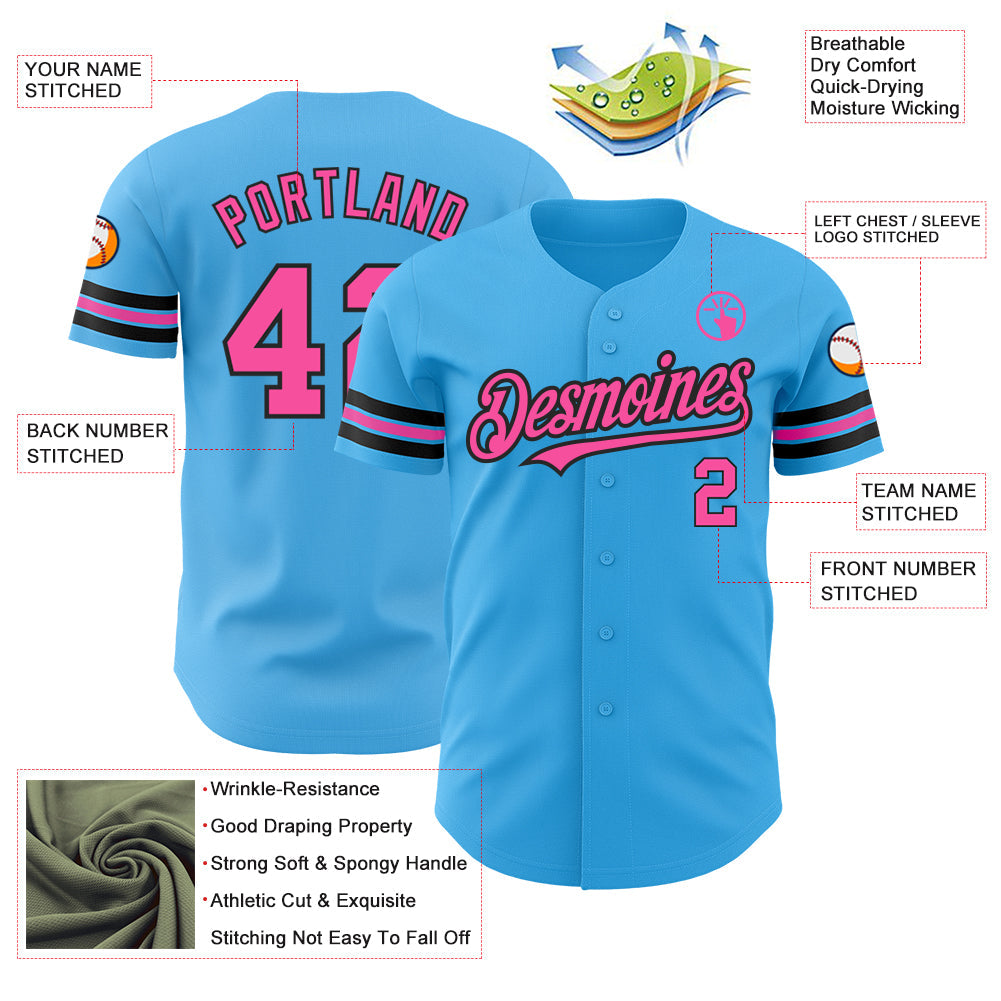 Custom Sky Blue Pink-Black Authentic Baseball Jersey view 3