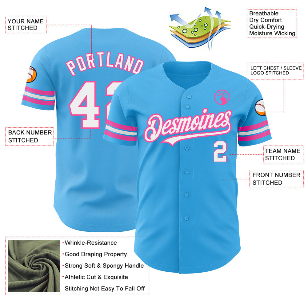 Custom Sky Blue White-Pink Authentic Baseball Jersey view 3