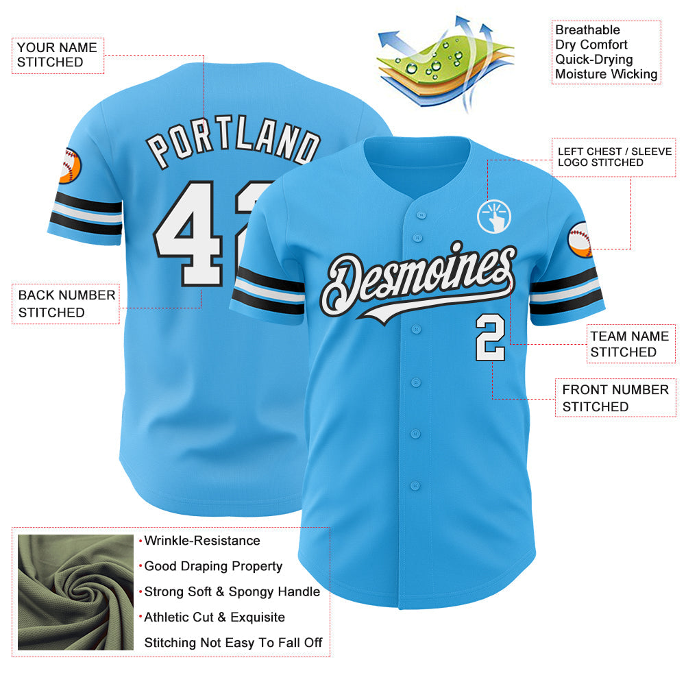 Custom Sky Blue White-Black Authentic Baseball Jersey view 3