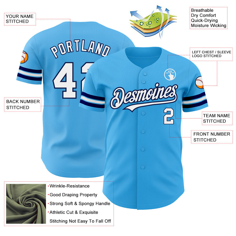 Custom Sky Blue White-Navy Authentic Baseball Jersey view 3