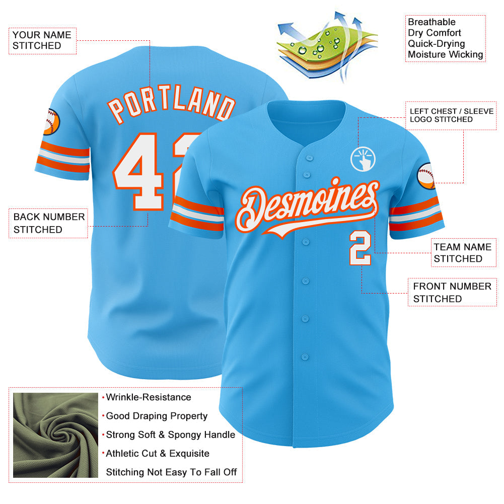 Custom Sky Blue White-Orange Authentic Baseball Jersey view 3