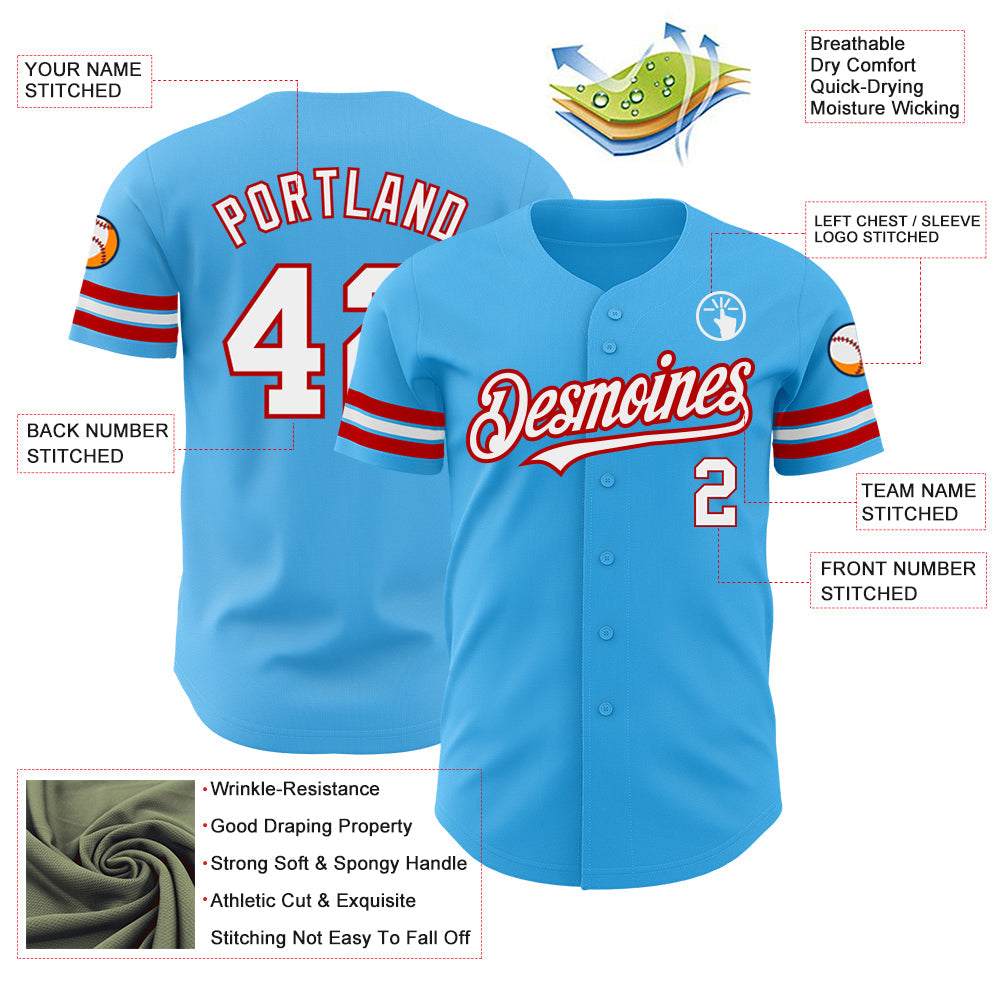 Custom Sky Blue White-Red Authentic Baseball Jersey view 3