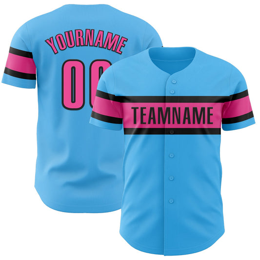 Custom Sky Blue Pink-Black Authentic Baseball Jersey - Main View