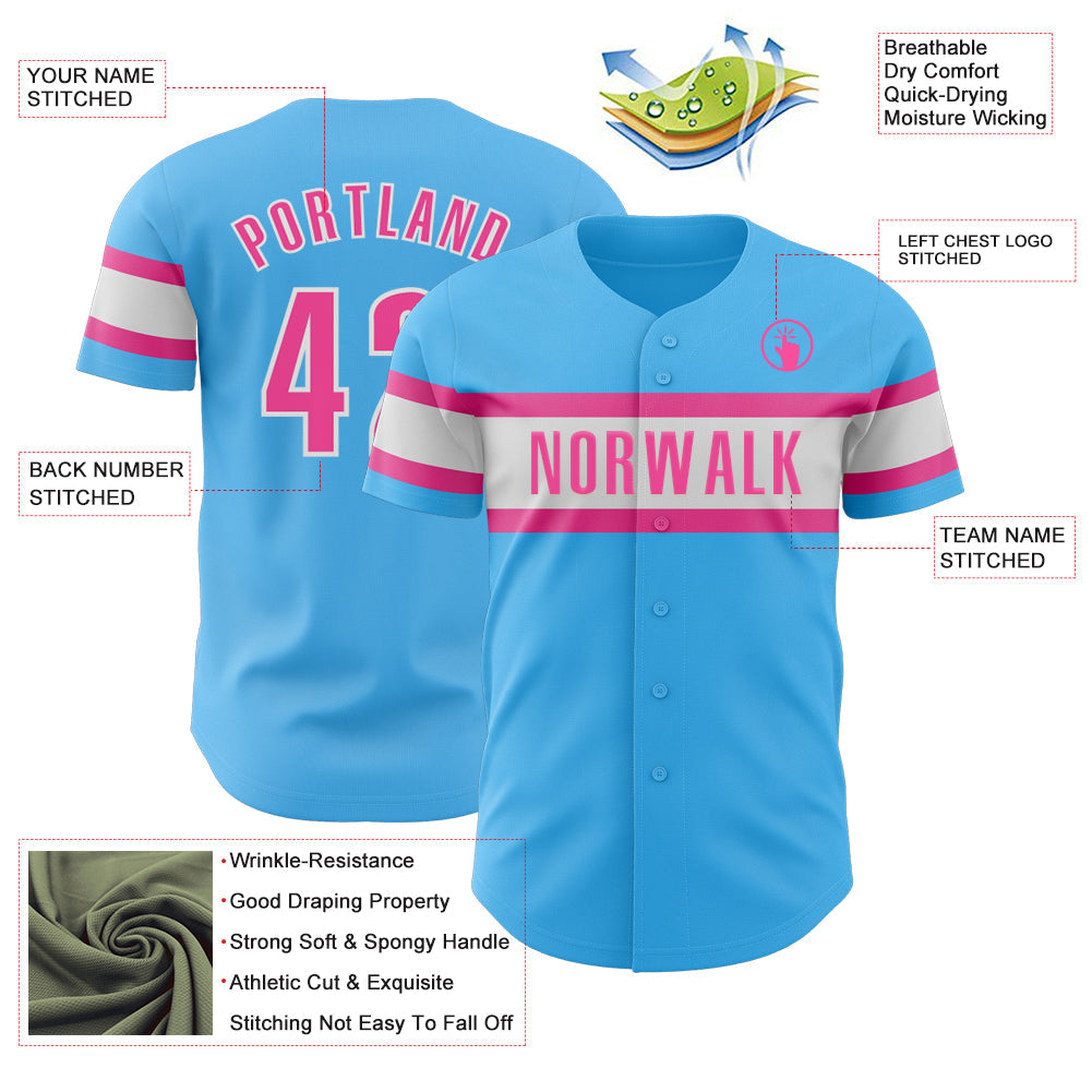 Custom Sky Blue Pink-White Authentic Baseball Jersey view 3