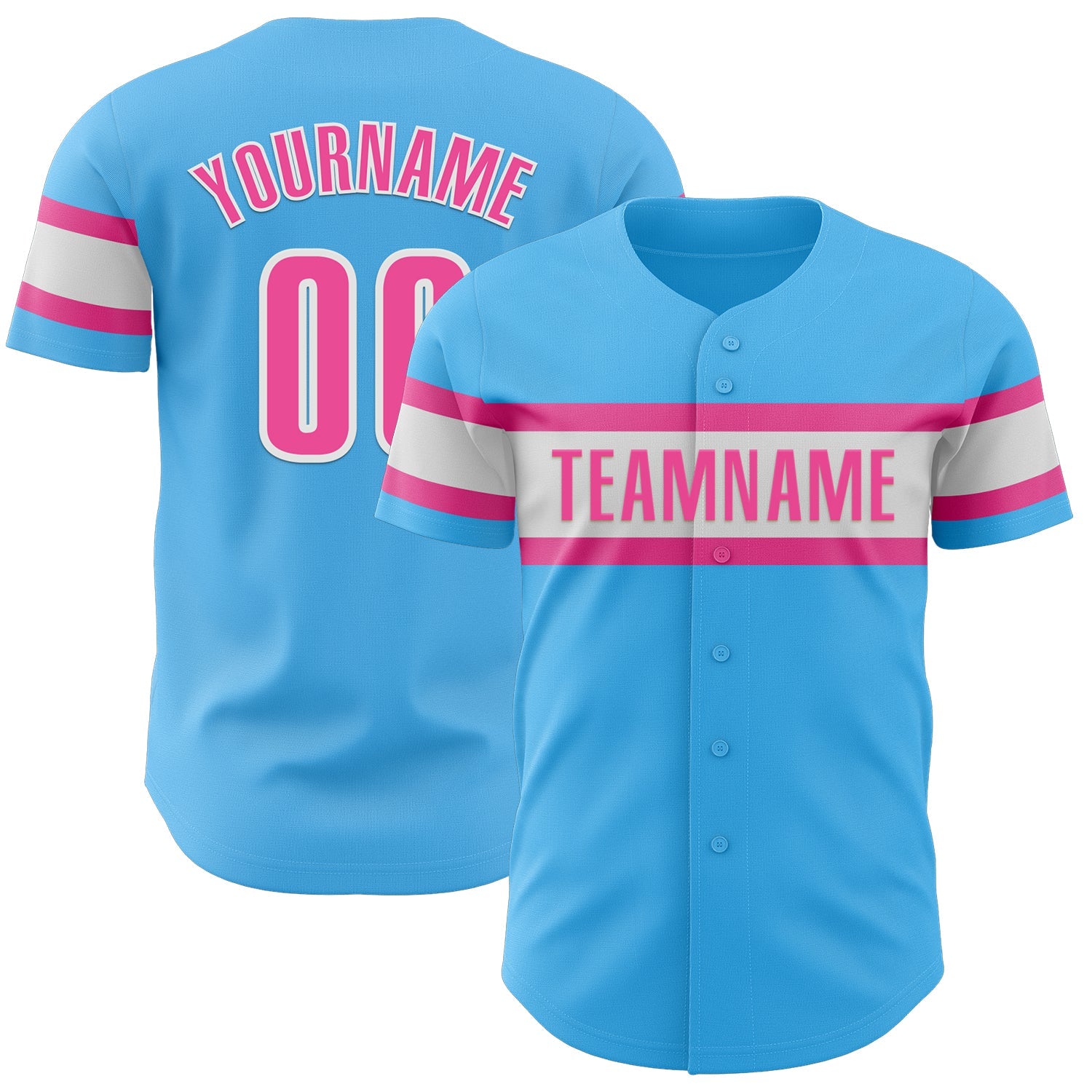 Custom Sky Blue Pink-White Authentic Baseball Jersey - Main View