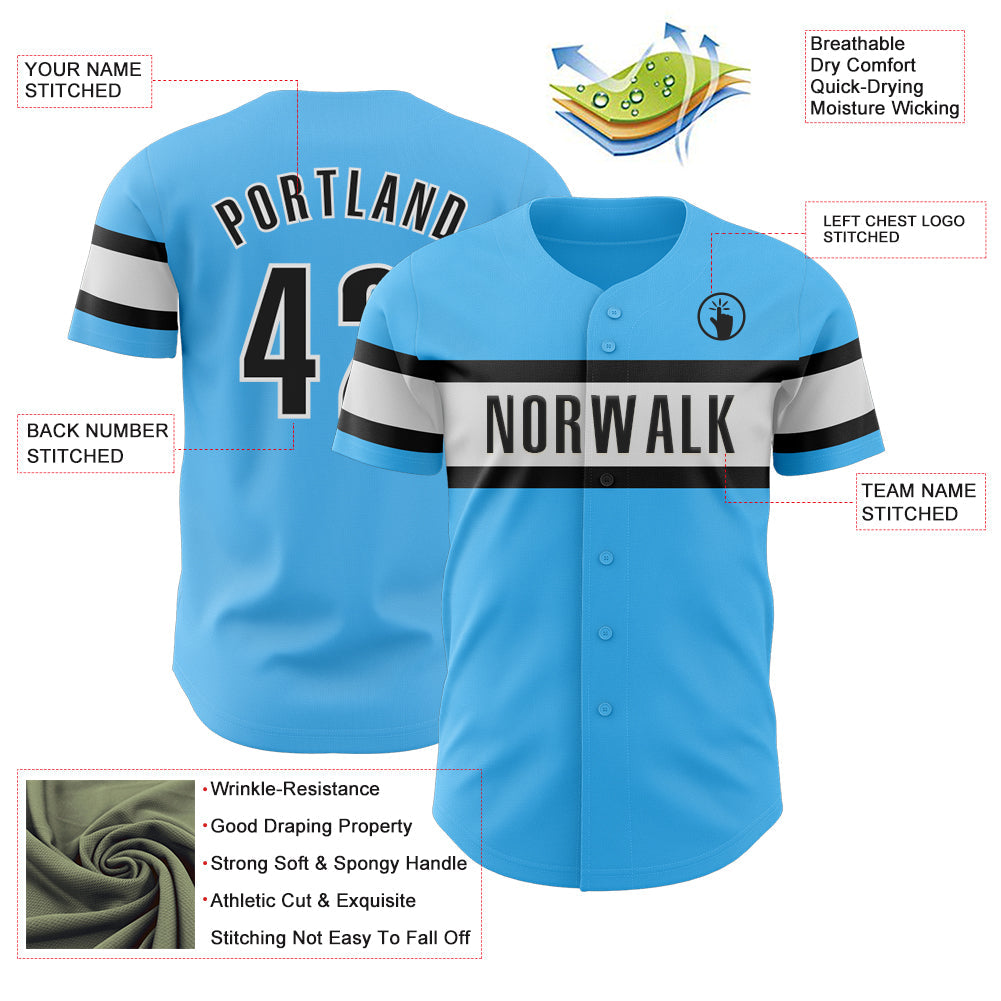 Custom Sky Blue Black-White Authentic Baseball Jersey view 3