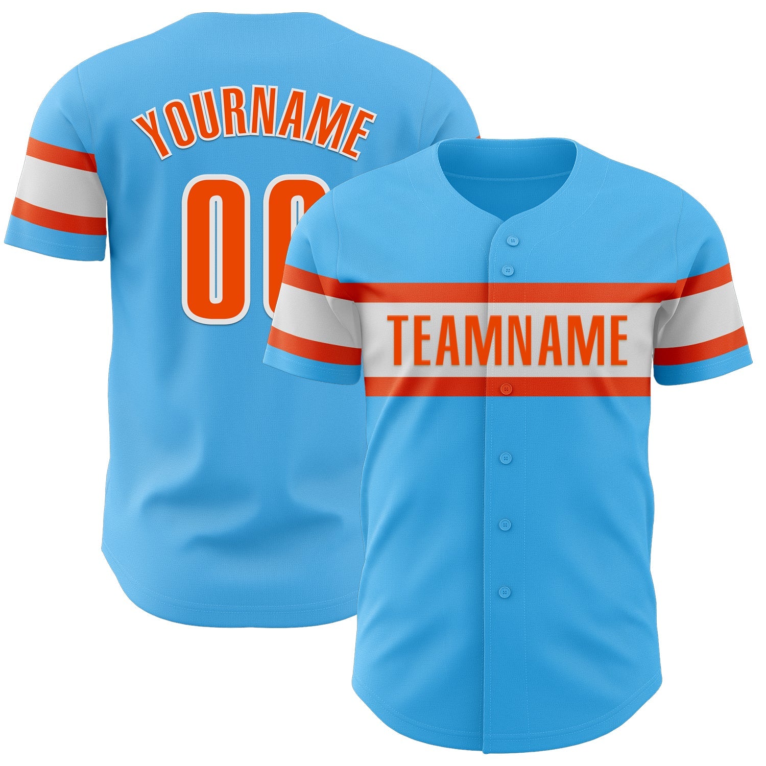 Custom Sky Blue Orange-White Authentic Baseball Jersey - Main View