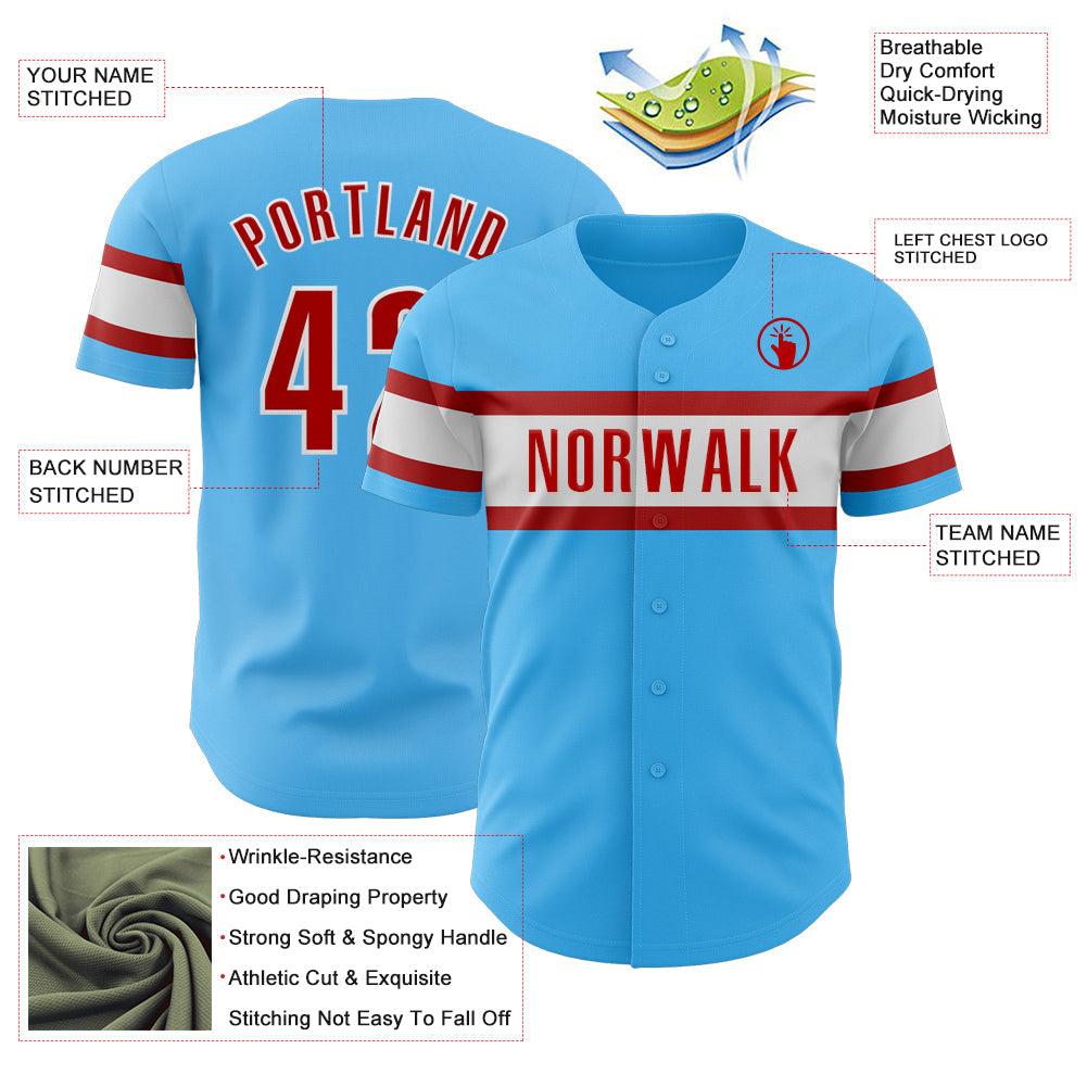 Custom Sky Blue Red-White Authentic Baseball Jersey view 3