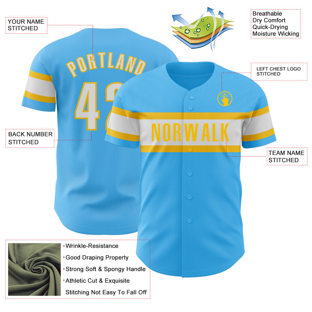 Custom Sky Blue White-Yellow Authentic Baseball Jersey view 3