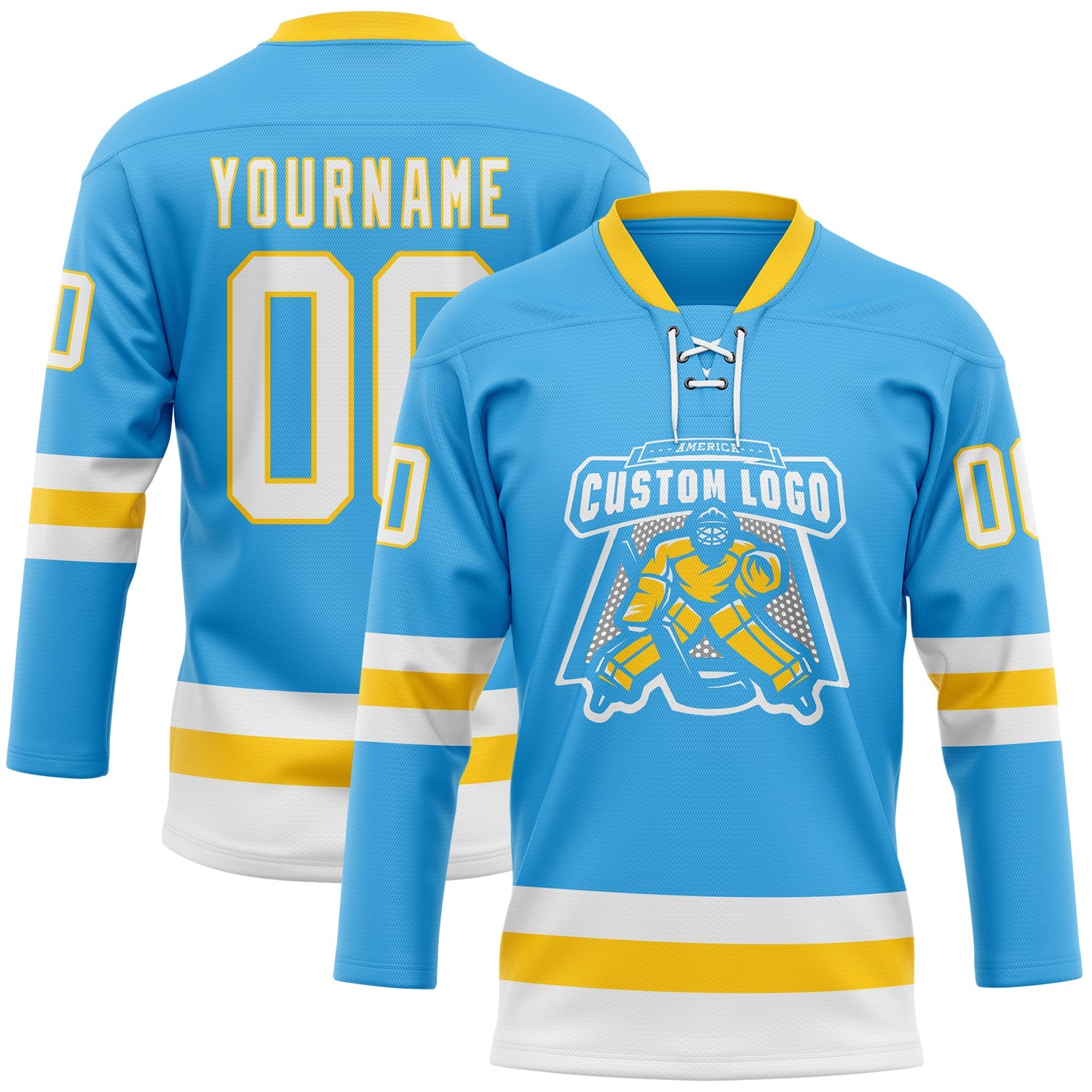 Custom Sky Blue White-Yellow Hockey Lace Neck Jersey view 2