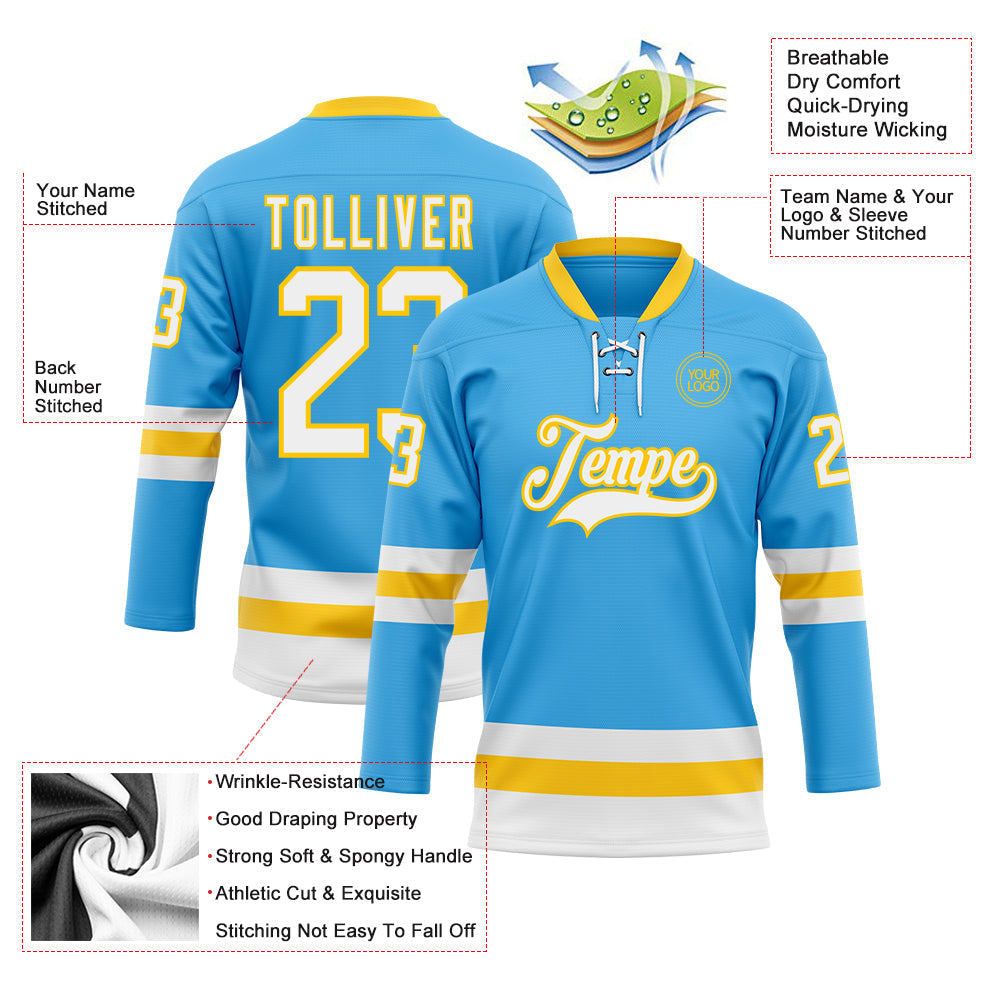 Custom Sky Blue White-Yellow Hockey Lace Neck Jersey view 3