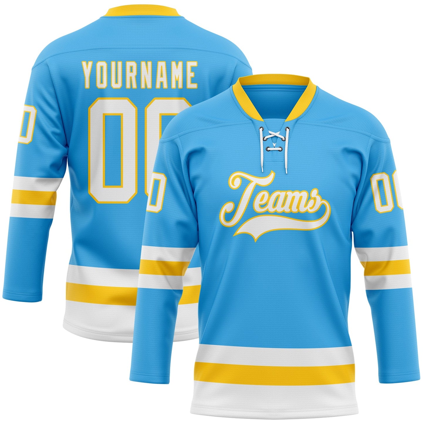 Custom Sky Blue White-Yellow Hockey Lace Neck Jersey - Main View